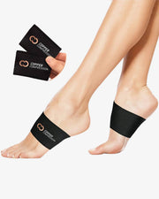 Copper Compression Arch Support Sleeves, two black arch support sleeves on bare feet beside their packaging cards