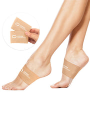 Copper Compression Arch Support Sleeves, the nude arch supports on a pair of feet beside the packaging card