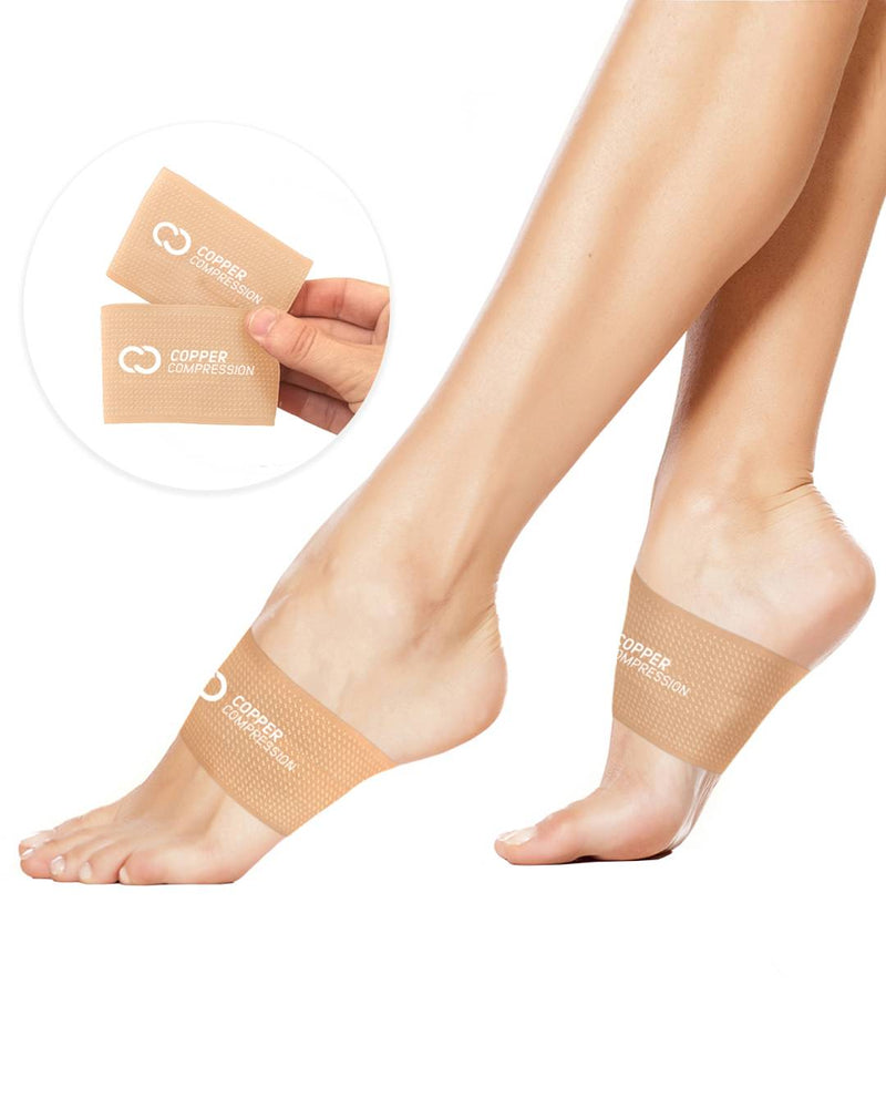 Copper Compression Arch Support Sleeves, the nude arch supports on a pair of feet beside the packaging card