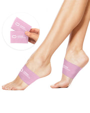 Copper Compression Arch Support Sleeves, the pink arch supports on a pair of feet beside the packaging card