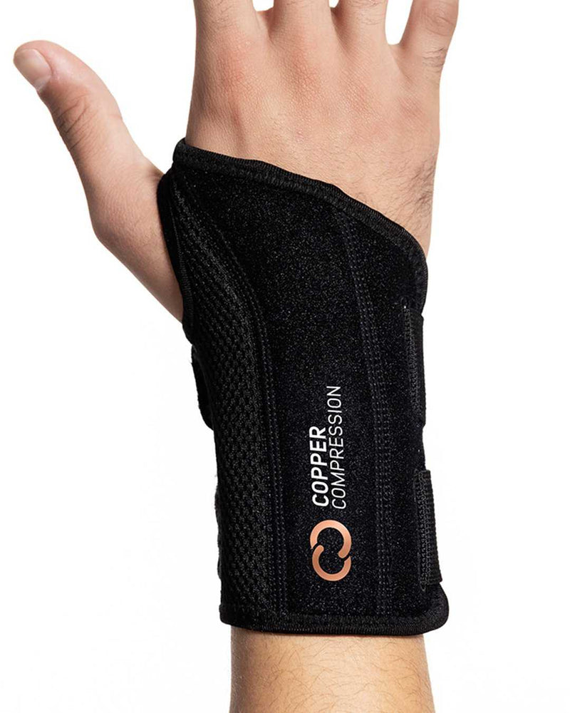 Copper Compression Advanced Wrist Brace, the wrist brace worn on a hand, seen from the side