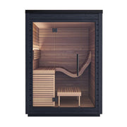 Auroom Aura outdoor sauna - front view with full glass front and lounger