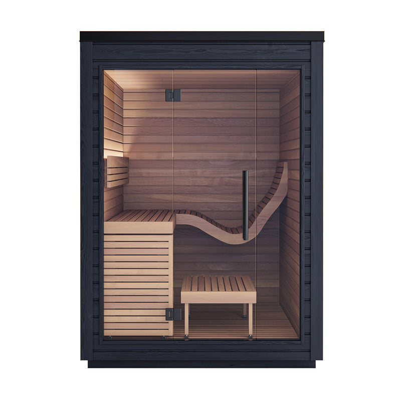 Auroom Aura outdoor sauna - front view with full glass front and lounger