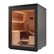 Auroom Aura outdoor sauna - three-quarter view with glass front and heater