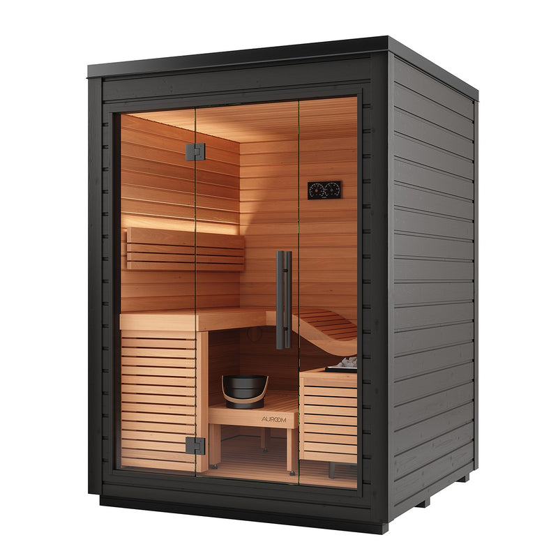 Auroom Aura outdoor sauna - three-quarter view with glass front and heater