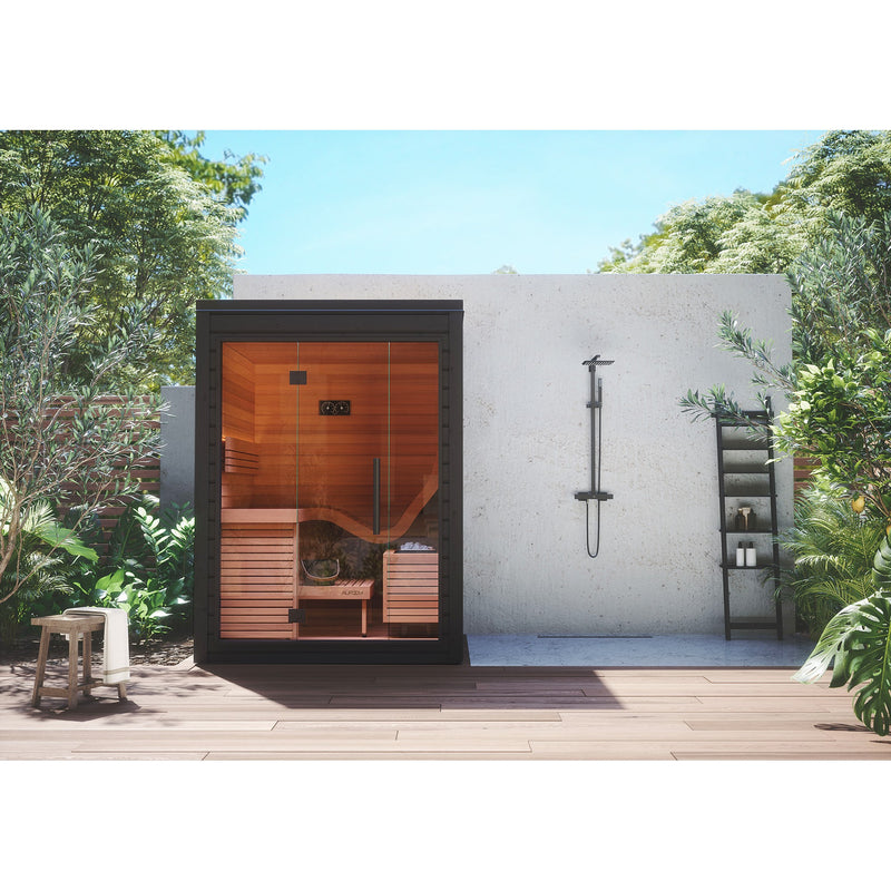 Auroom Aura outdoor sauna - front view in garden beside outdoor shower