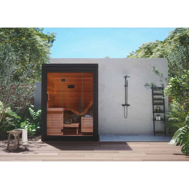 Auroom Aura outdoor sauna - garden patio setting beside outdoor shower