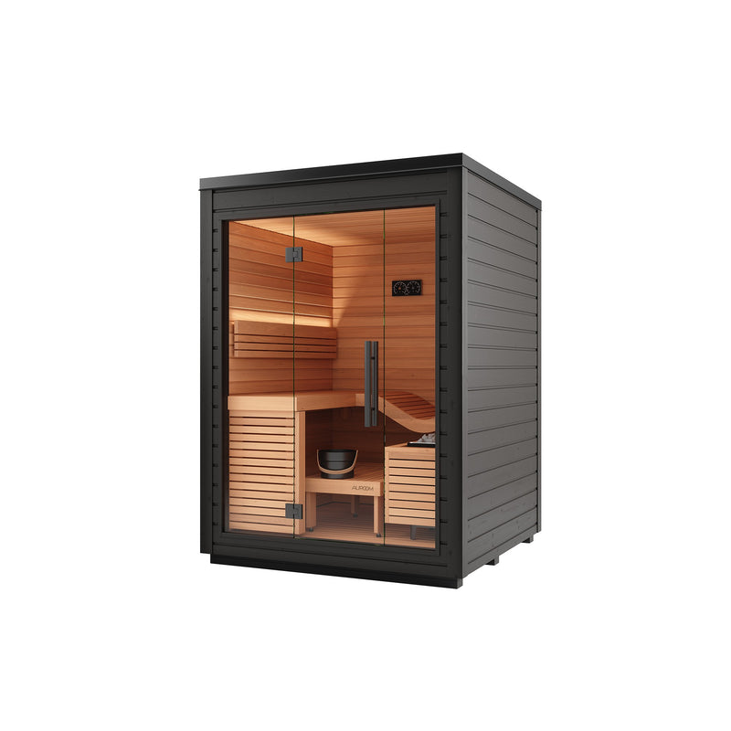 Auroom Aura outdoor sauna - three-quarter view on white