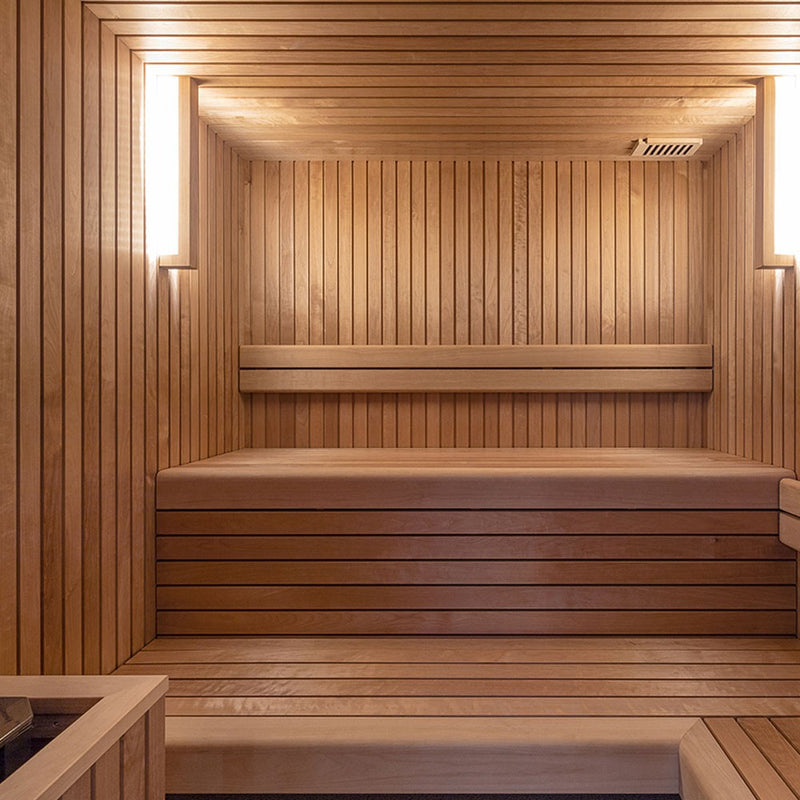 Auroom Familia indoor sauna - interior tiered benches with wall backlighting