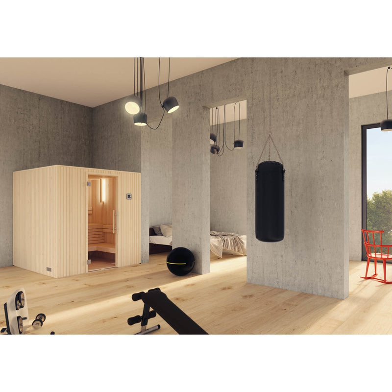 Auroom Familia indoor sauna - installed in home gym with punching bag