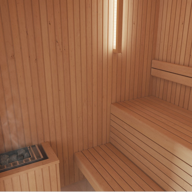 Auroom Familia indoor sauna - interior benches and heater corner