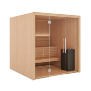 Auroom Libera Glass indoor sauna, Alder, left-hinged door - three-quarter view with glass front and heater