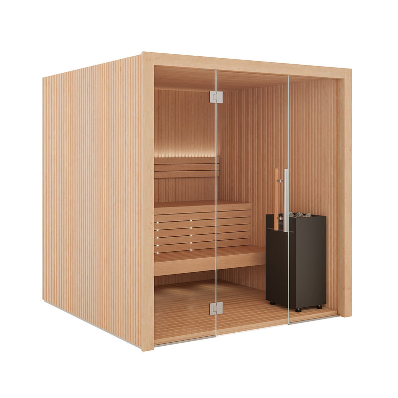 Auroom Libera Glass indoor sauna, Alder, left-hinged door - three-quarter view with glass front and heater