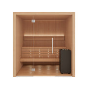 Auroom Libera Glass indoor sauna, Alder, left-hinged door - front view with glass front and heater
