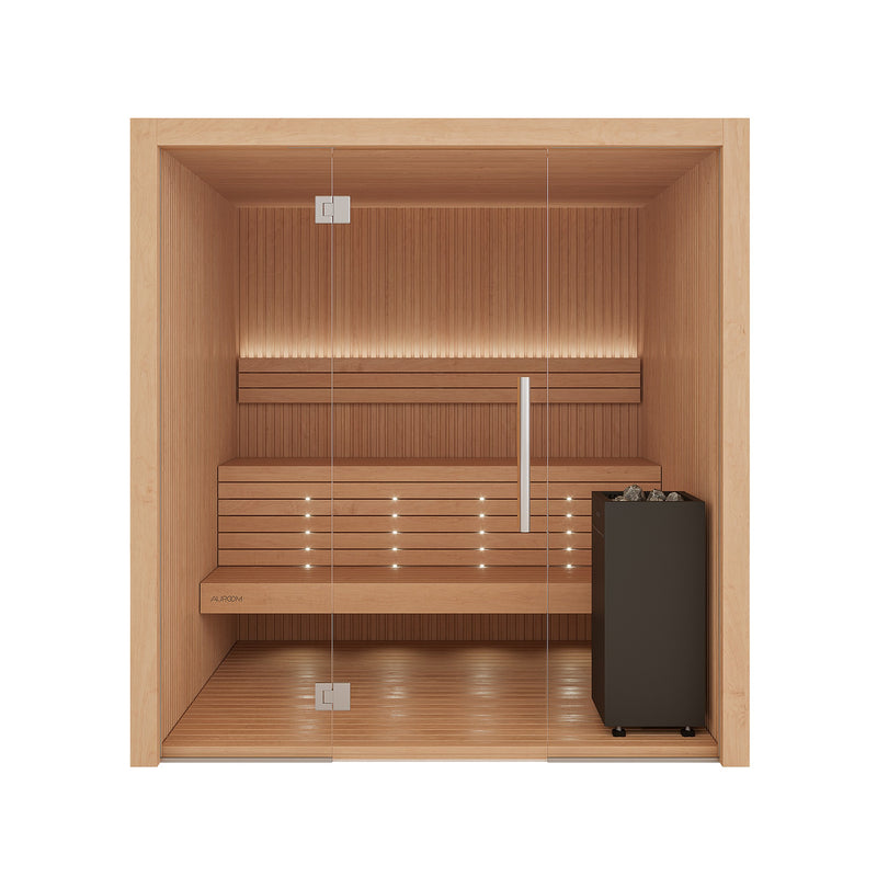 Auroom Libera Glass indoor sauna, Alder, left-hinged door - front view with glass front and heater