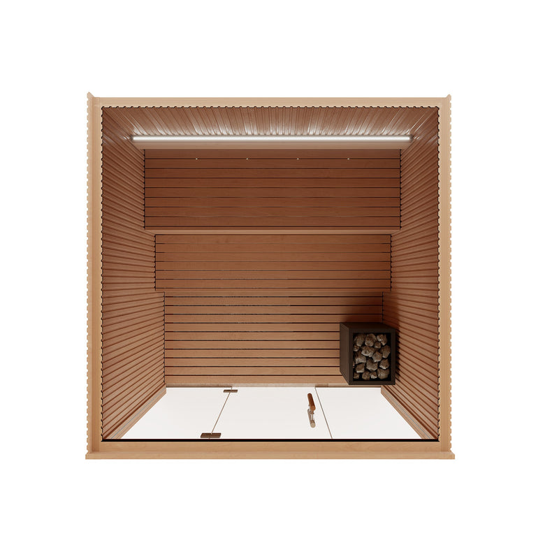 Auroom Libera Glass indoor sauna, Alder, left-hinged door - straight-on interior view with ceiling light bar