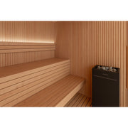 Auroom Libera Glass indoor sauna, Alder, left-hinged door - interior benches and heater with backlighting