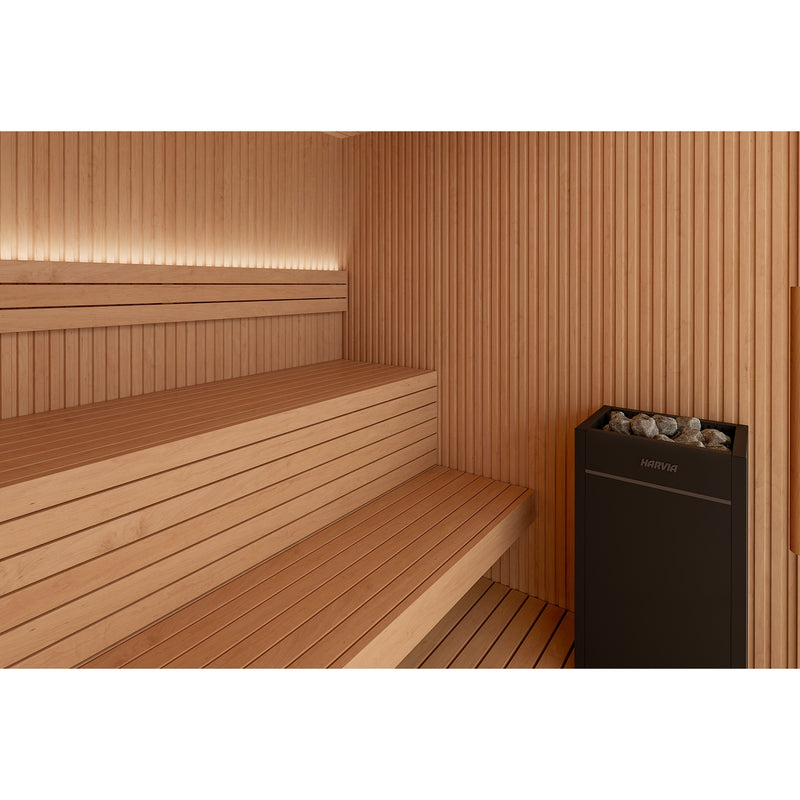 Auroom Libera Glass indoor sauna, Alder, left-hinged door - interior benches and heater with backlighting