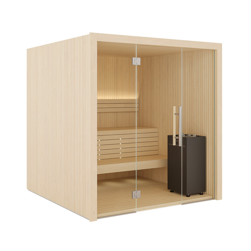 Auroom Libera Glass indoor sauna, Aspen, left-hinged door - three-quarter view with glass front and heater