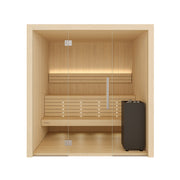 Auroom Libera Glass indoor sauna, Aspen, left-hinged door - front view with glass front and heater