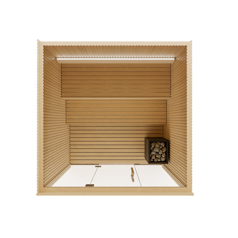 Auroom Libera Glass indoor sauna, Aspen, left-hinged door - straight-on interior view with ceiling light bar