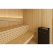 Auroom Libera Glass indoor sauna, Aspen, left-hinged door - interior benches and heater with backlighting