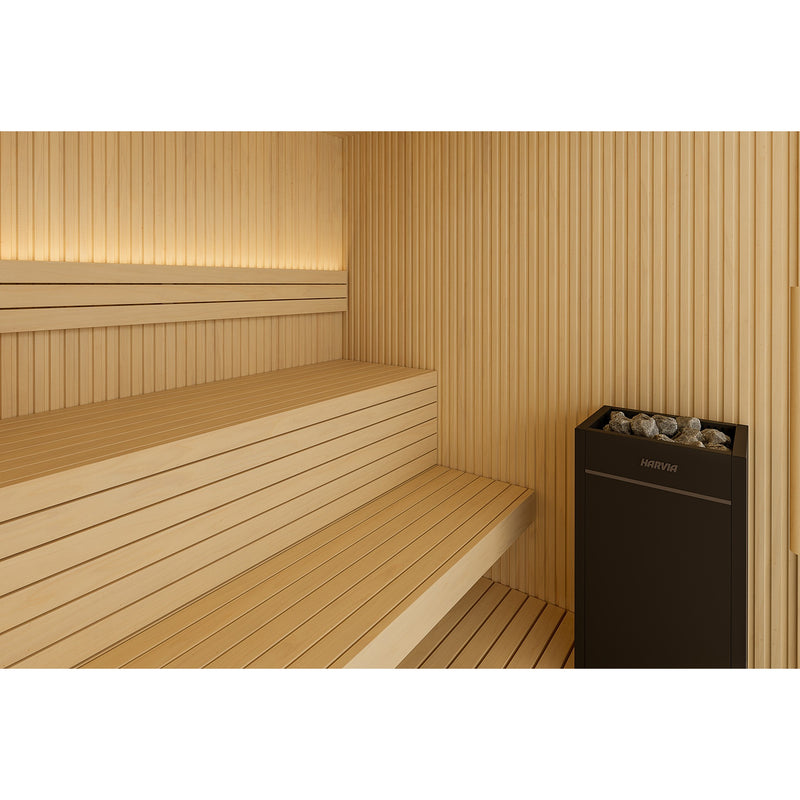 Auroom Libera Glass indoor sauna, Aspen, left-hinged door - interior benches and heater with backlighting