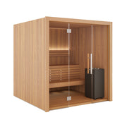 Auroom Libera Glass indoor sauna, Thermo Aspen, left-hinged door - three-quarter view with glass front and heater