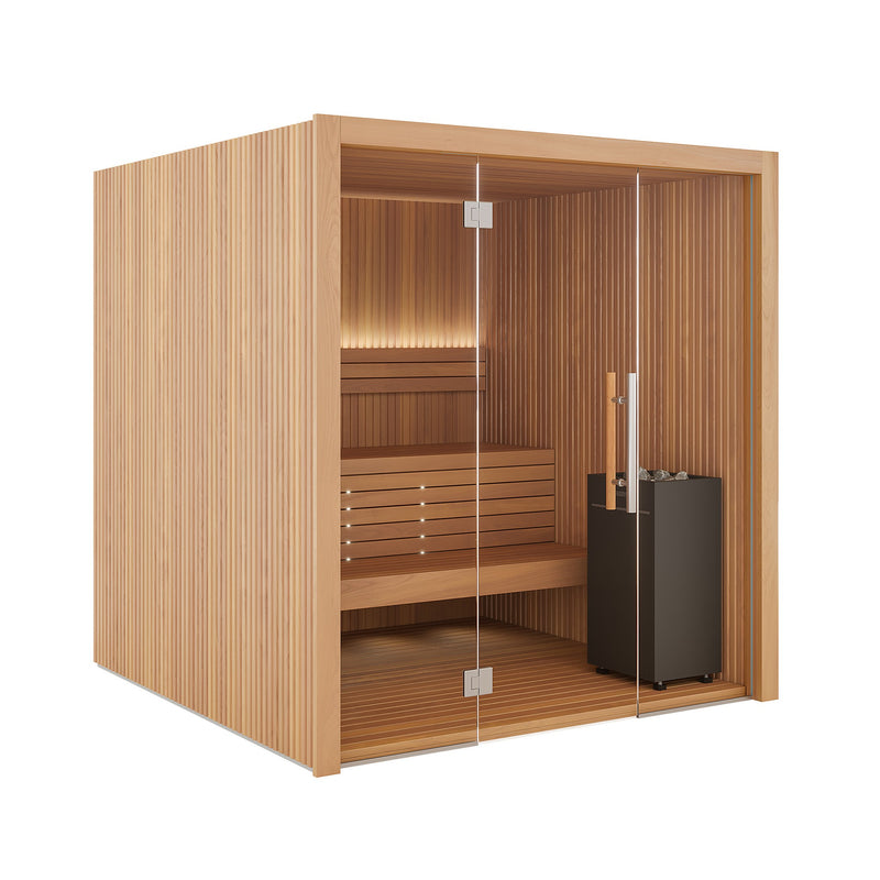 Auroom Libera Glass indoor sauna, Thermo Aspen, left-hinged door - three-quarter view with glass front and heater