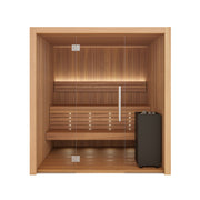 Auroom Libera Glass indoor sauna, Thermo Aspen, left-hinged door - front view with glass front and heater