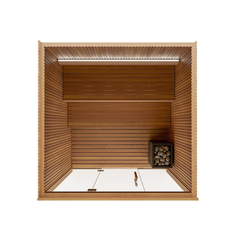 Auroom Libera Glass indoor sauna, Thermo Aspen, left-hinged door - straight-on interior view with ceiling light bar