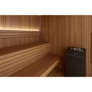 Auroom Libera Glass indoor sauna, Thermo Aspen, left-hinged door - interior benches and heater with backlighting