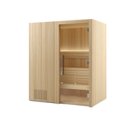 Auroom Libera Wood indoor sauna, Aspen, right-hinged door - three-quarter view with glass door