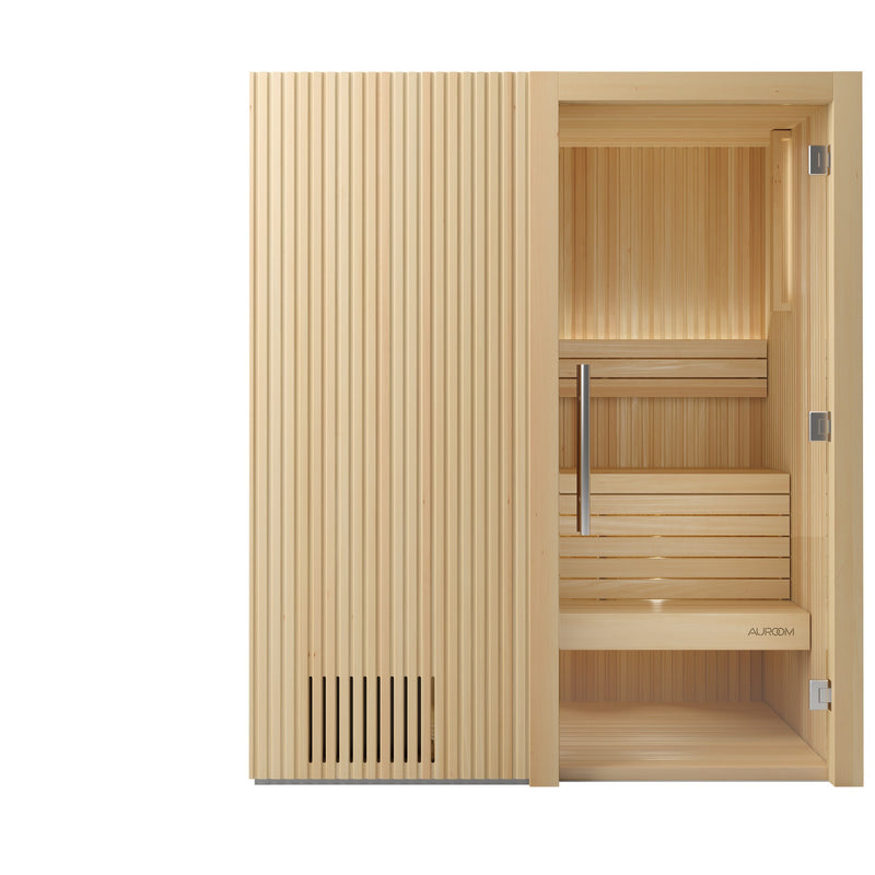 Auroom Libera Wood indoor sauna, Aspen, right-hinged door - front view with glass door