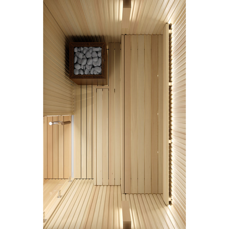 Auroom Libera Wood indoor sauna, Aspen, right-hinged door - overhead view of interior benches and heater