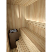 Auroom Libera Wood indoor sauna, Aspen, right-hinged door - interior benches and heater with backlighting