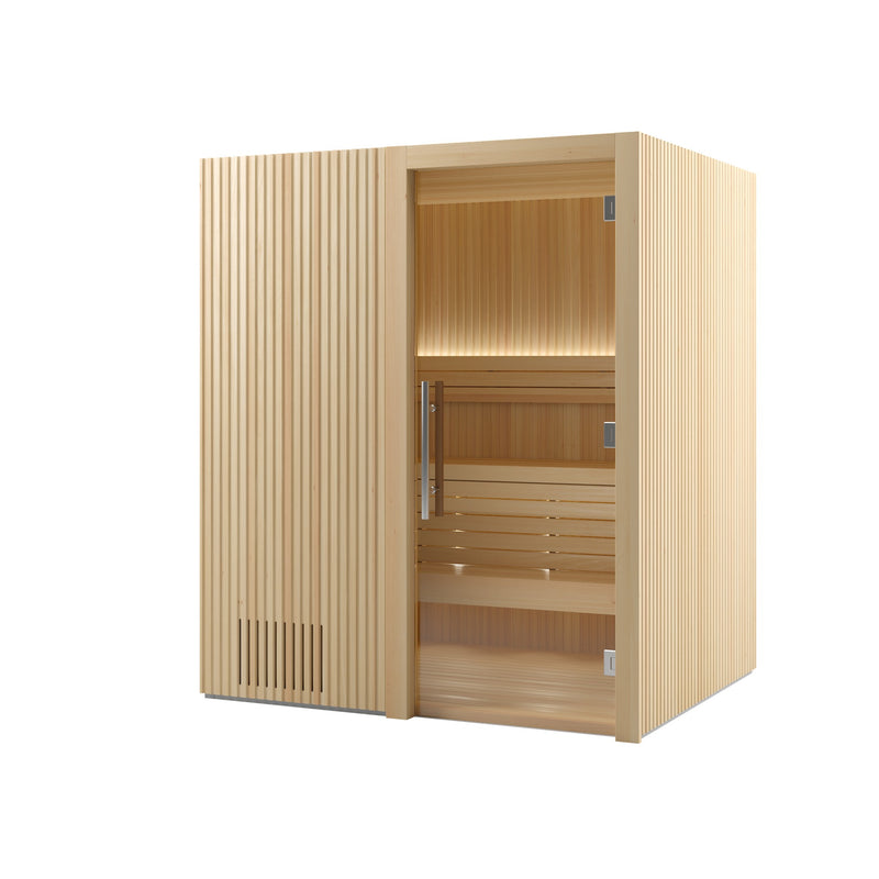 Auroom Libera Wood indoor sauna, Aspen, right-hinged door - three-quarter view with glass door