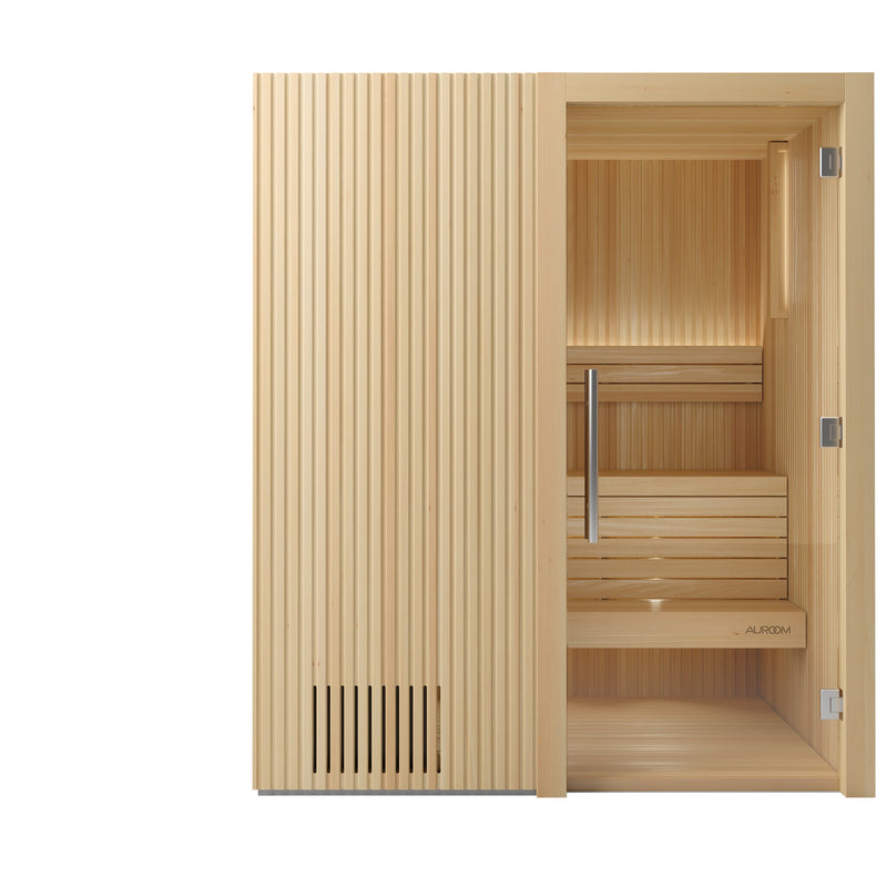 Auroom Libera Wood indoor sauna, Aspen, right-hinged door - front view with glass door
