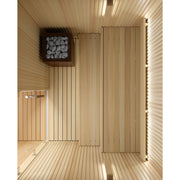 Auroom Libera Wood indoor sauna, Aspen, right-hinged door - overhead view of interior benches and heater