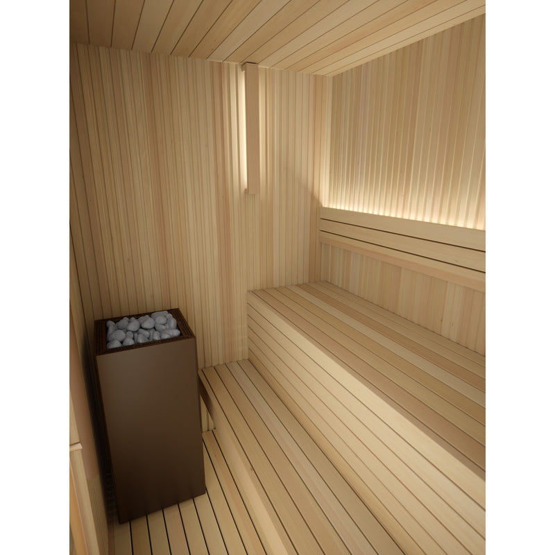 Auroom Libera Wood indoor sauna, Aspen, right-hinged door - interior benches and heater with backlighting