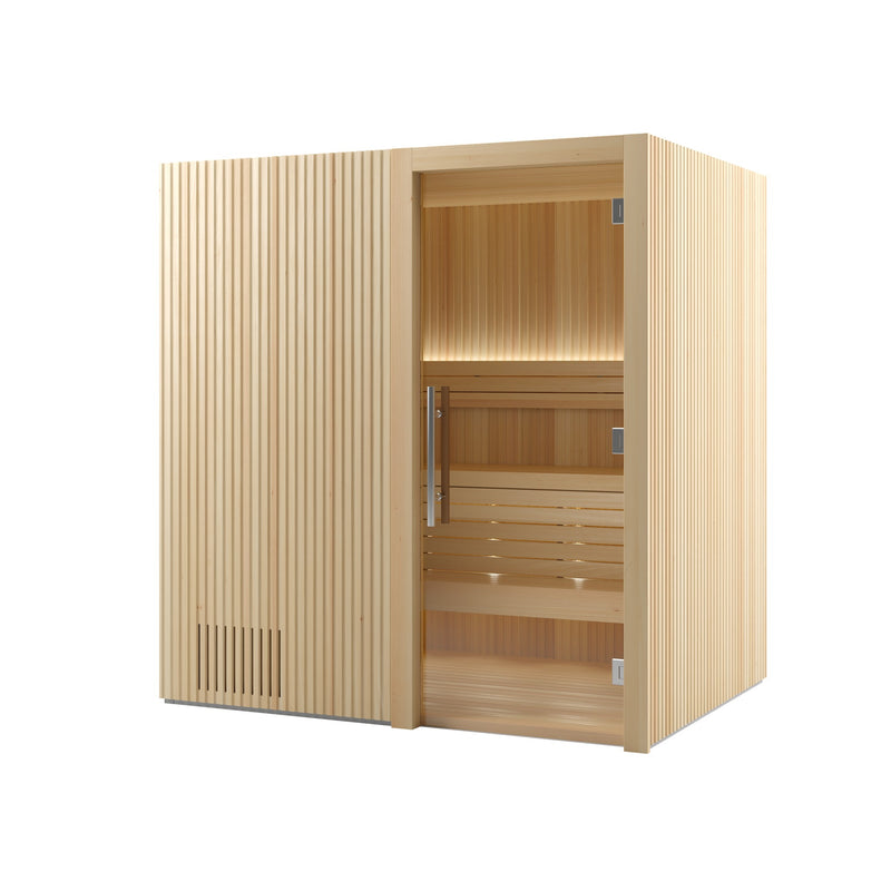 Auroom Libera Wood indoor sauna, Aspen, right-hinged door - three-quarter view with glass door