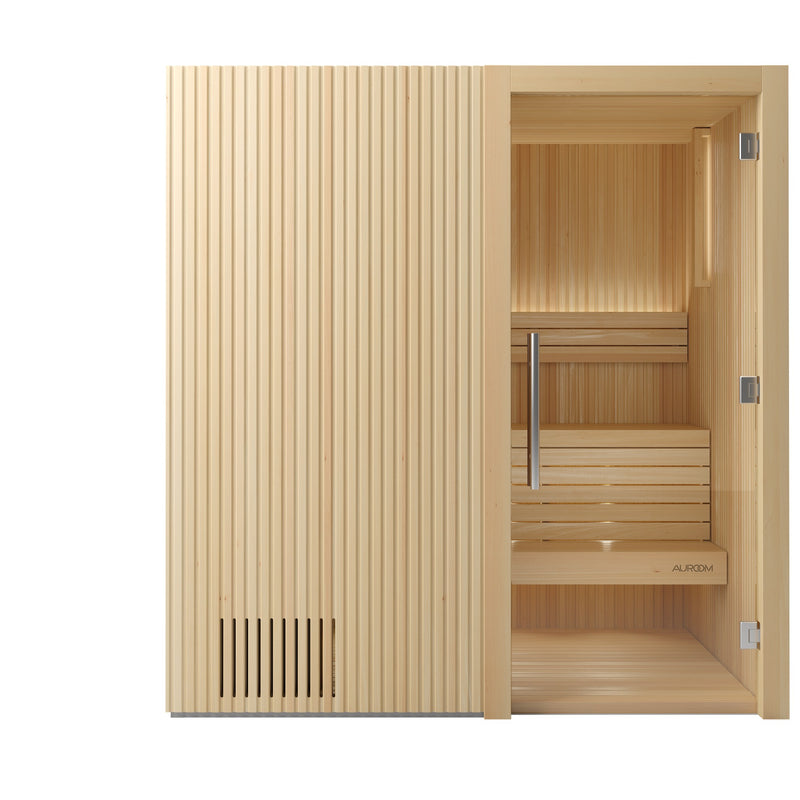 Auroom Libera Wood indoor sauna, Aspen, right-hinged door - front view with glass door