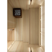 Auroom Libera Wood indoor sauna, Aspen, right-hinged door - overhead view of interior benches and heater