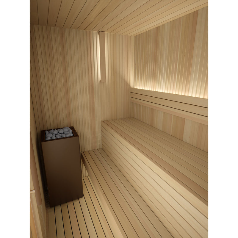 Auroom Libera Wood indoor sauna, Aspen, right-hinged door - interior benches and heater with backlighting