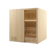 Auroom Libera Wood indoor sauna, Aspen, right-hinged door - three-quarter view with glass door