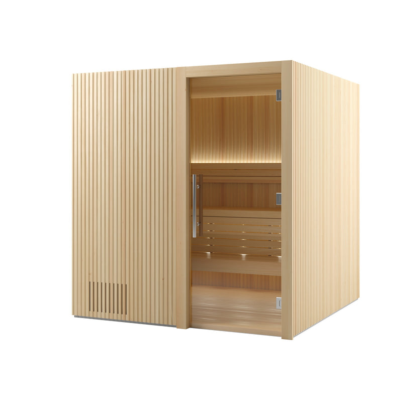 Auroom Libera Wood indoor sauna, Aspen, right-hinged door - three-quarter view with glass door