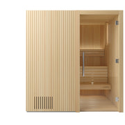 Auroom Libera Wood indoor sauna, Aspen, right-hinged door - front view with glass door