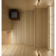 Auroom Libera Wood indoor sauna, Aspen, right-hinged door - overhead view of interior benches and heater