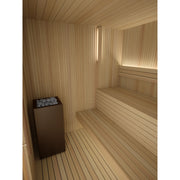 Auroom Libera Wood indoor sauna, Aspen, right-hinged door - interior benches and heater with backlighting