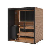 Auroom Vulcana indoor sauna, Thermo Aspen, left-hinged door - three-quarter view with glass front and heater